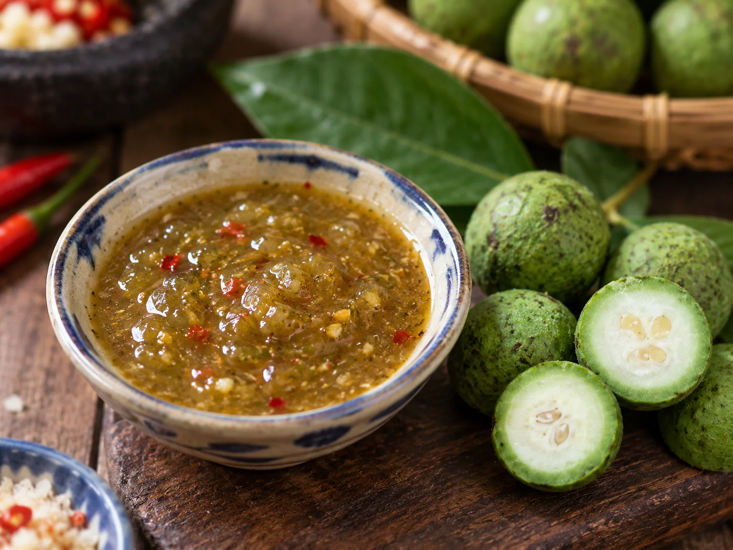 MiRi Hôm 烤鴨蘸醬，旁邊是完整與切開的 sấu 果實